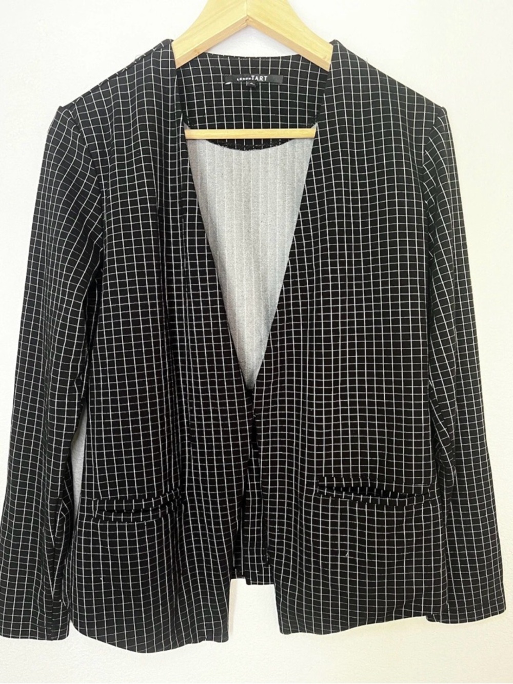 Lemon Tart Women's Open Front Blazer Black White Striped Print Women's Small